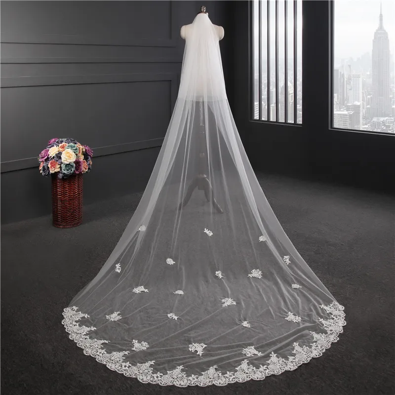 White Ivory Wedding Veil 3m Long Short Bridal Veils Lace Appliqued Edge Cathedral Wedding Veil Wedding Accessories Voile Mariage