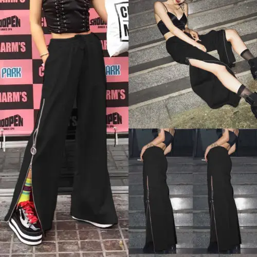 Women Cut off Slit Side Wide Leg Street Casual Long Loose Pants Fake ...