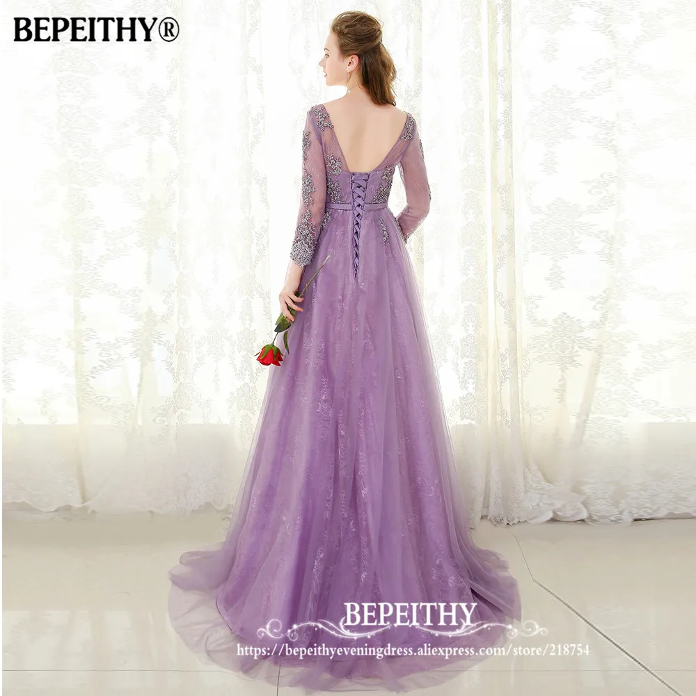 BEPEITHY фиолетовое длинное вечернее платье с длинными рукавами vestido de festa кружевное винтажное элегантное выпускное платье с v-образным вырезом