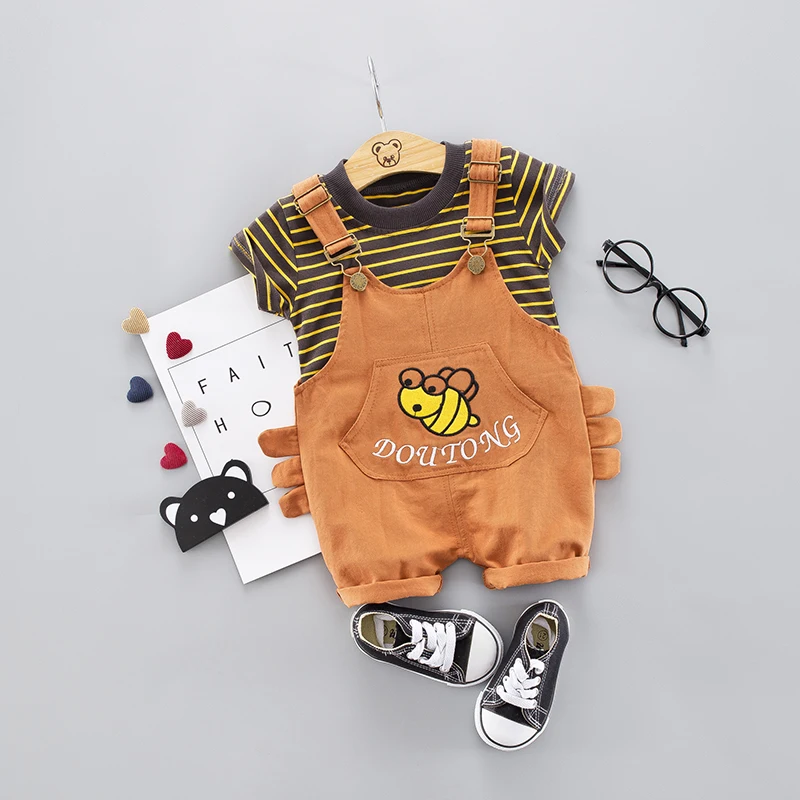 Милый комплект одежды для маленьких мальчиков и девочек, комплект одежды из 2 предметов с рисунком пчелы футболка с полосками короткие комбинезоны комплекты одежды для младенцев - Цвет: orange