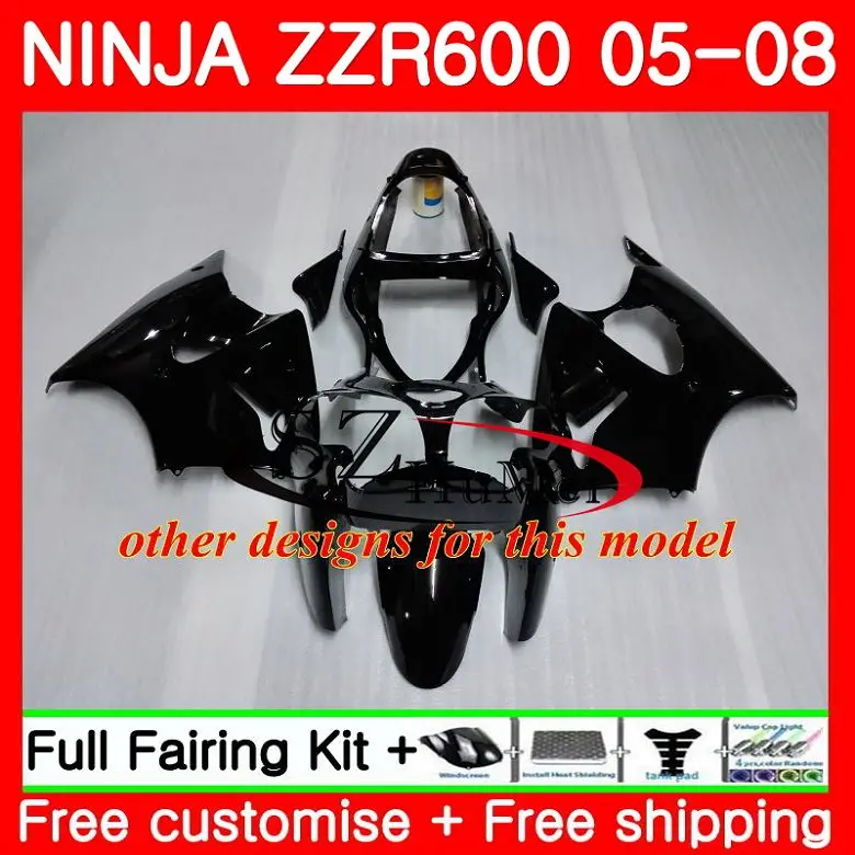 Кузов для Kawasaki NINJA ZZR-600 ZX 600CC ZX600CC глянцевый blk 14SH4 ZZR 600 05 06 07 08 ZZR600 2005 2006 2007 2008 Обтекатели