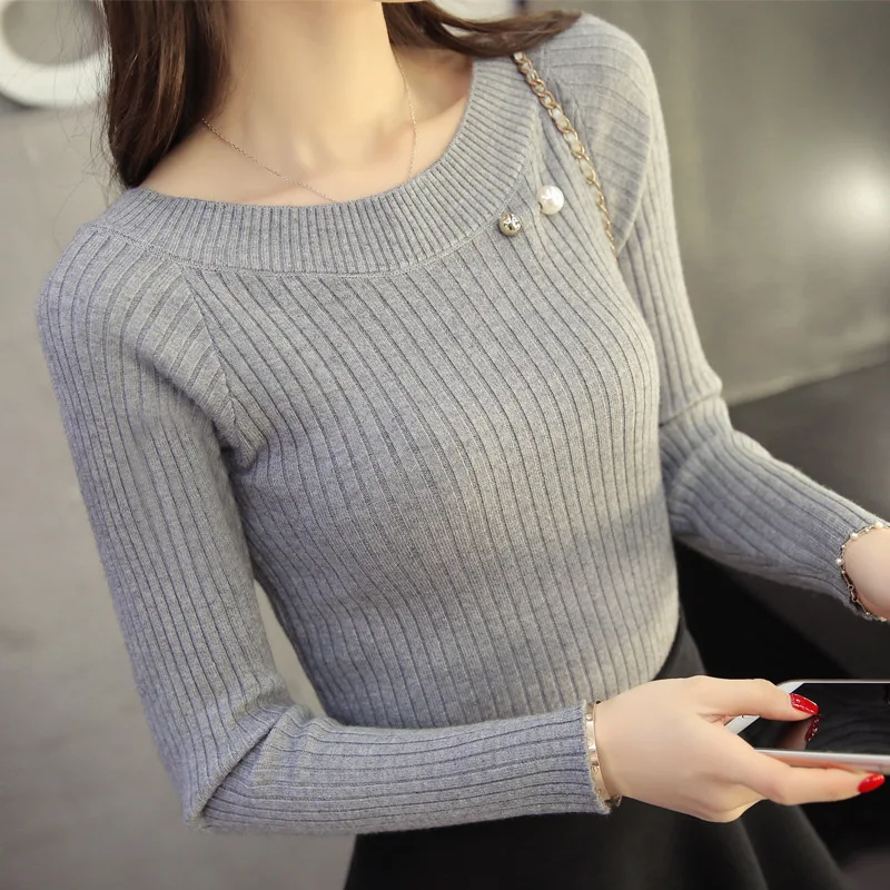 

New 2019 Autumn and Winter Women Pearl Beaded Sweater O-Neck Long Sleeve Slim Women Knit Sweater and Pullover