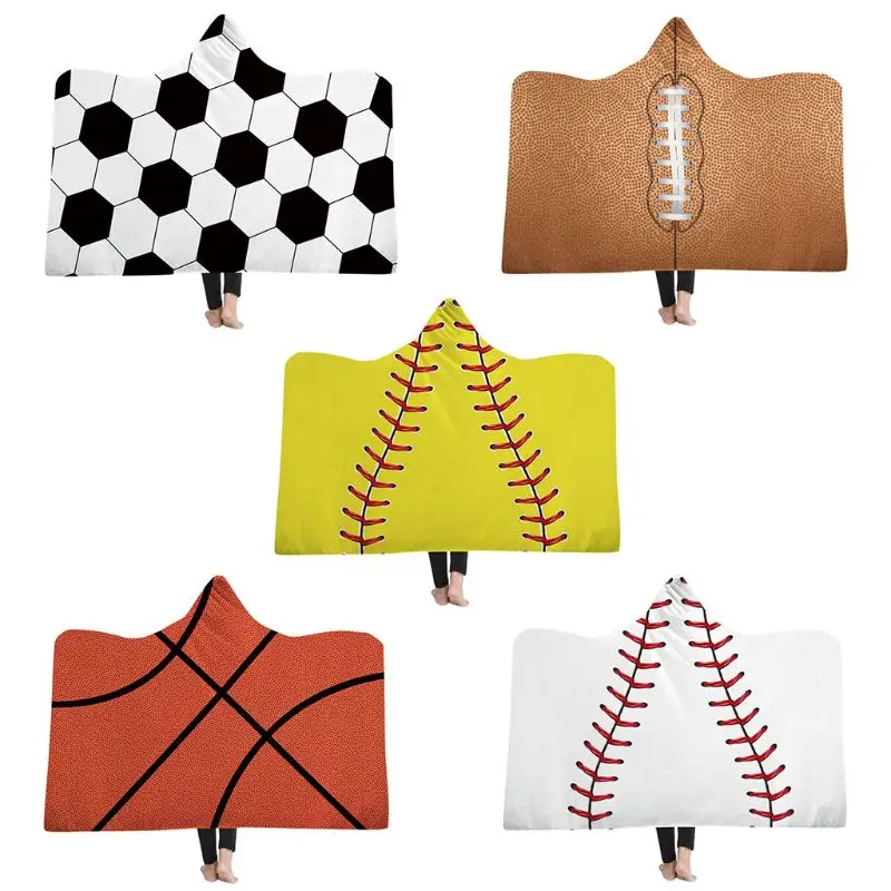 

Oversized Soccer Pattern Hooded Sherpa Blanket Soft American Football Fans Cloak