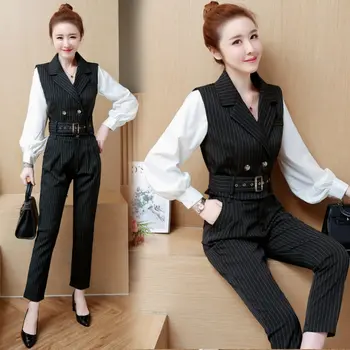 

Office women vogue suit Korean fashion suits autumn new shirt stripe lantern pants two-piece clothing set with belt vestido
