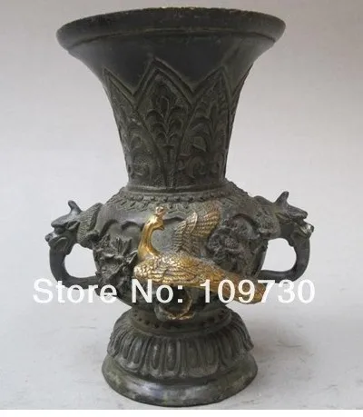 

bir 00645 Tibet Folk Old Bronze Dragon Head Phoenix Decoration statue Vase