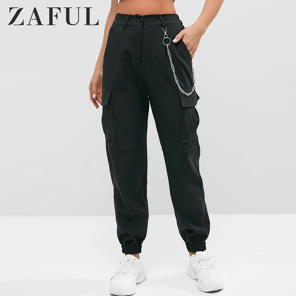 Zaful チェーンフラップポケットハイウエストジョガー黒パンツジッパー Kpop ストリートズボンクールパンツジョギング女性 パンツ カプリパンツ Aliexpress