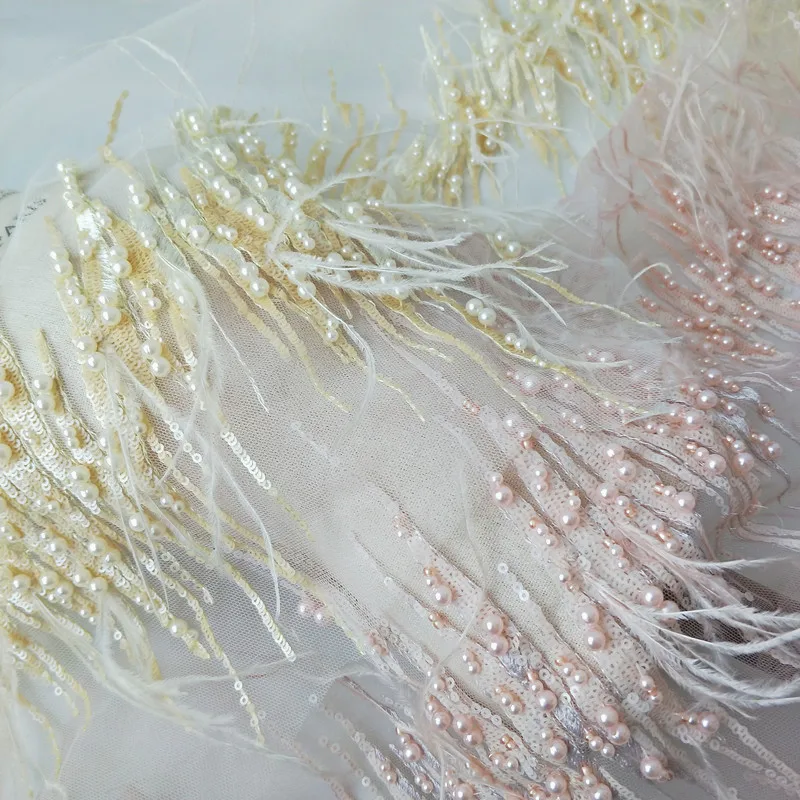 

1pcs/lot 27x135cm width yellow/pink feather beads sequins dress embroidery dress lace appliques patch S24S64P0307D