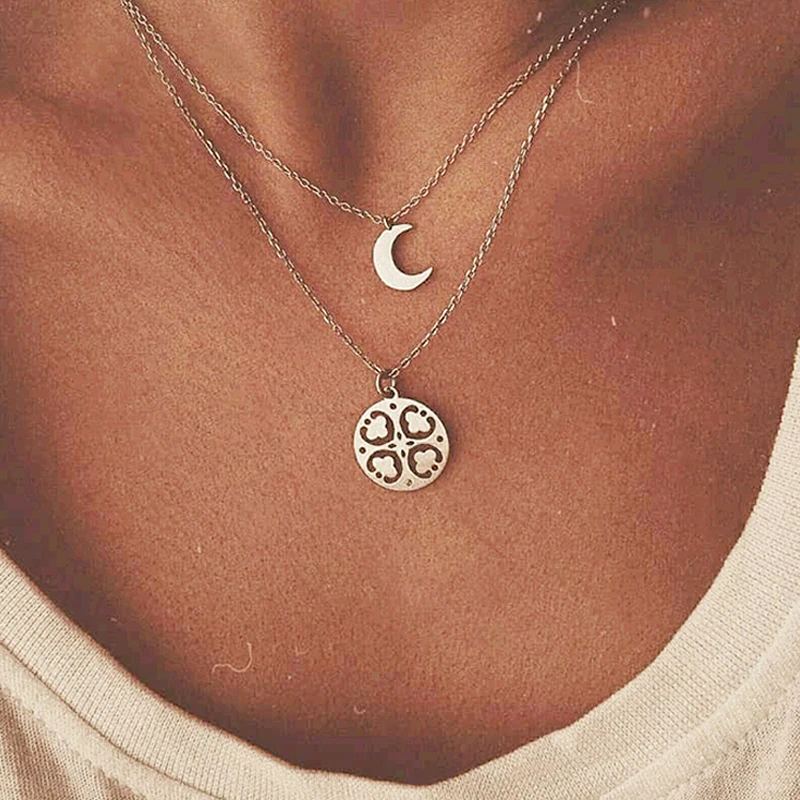 

Women Bohemian Double Layers MOON Clover Pendant Heart Choker Multilayer Necklace Silver Girl Gift Party Jewelry