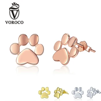 

VOROCO Cute Animal Dog Footprint Silver/Rose Gold/Gold Earrings Real 925 Sterling Silver Stud Earring Girl Party Jewelry BKE407