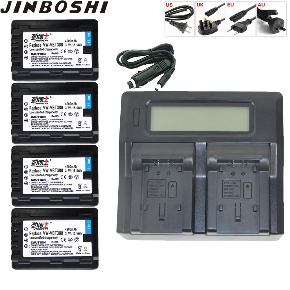 

4X 3.7V 4200mAh VW-VBT380 VBT380 Batteries+LCD Dual Charger for Panasonic HC-V700, HC-V710, HC-V720. HC-W850, HC-W858, HC-WX970