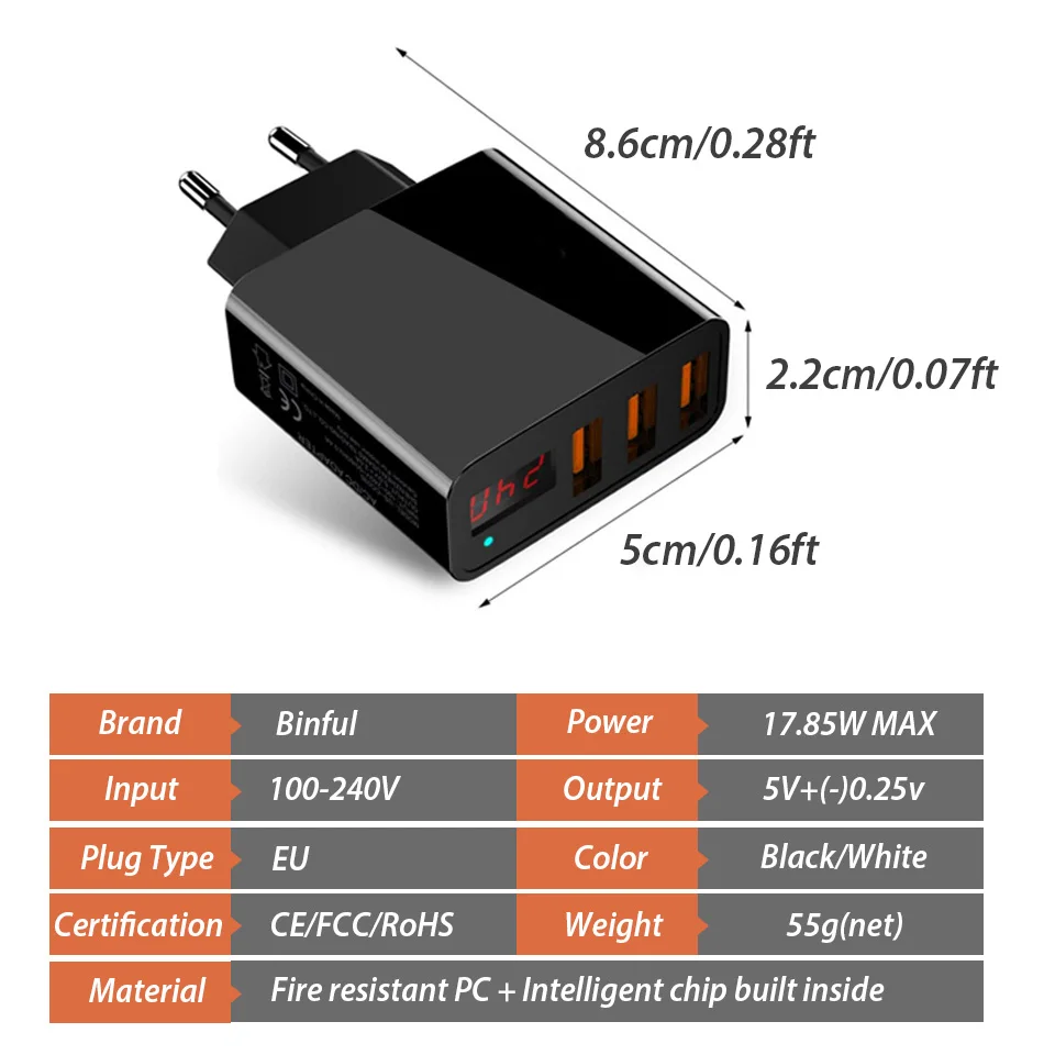 3.4A USB настенное зарядное устройство, 3 порта, светодиодный дисплей, напряжение тока, штепсельная вилка европейского стандарта, зарядное устройство USB для мобильного телефона, зарядное устройство для samsung Note 9 8