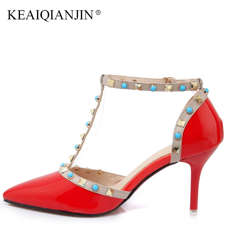 

KEAIQIANJIN Woman Genuine Leather Red String Bead Sandals Sexy White High Heeled Shoes Summer Black Patent Leather Rivet Sandals