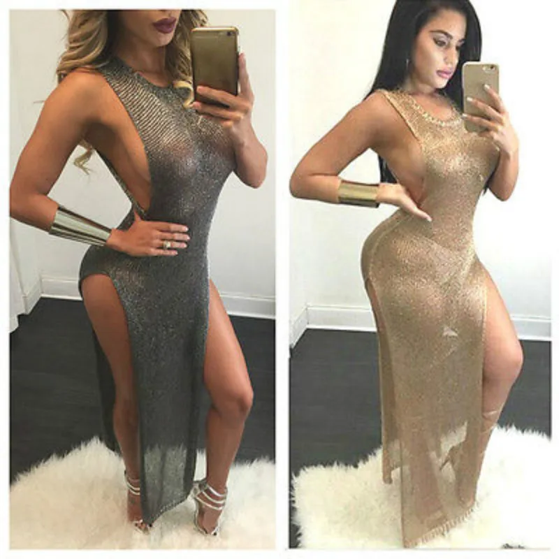 

2017 Women Sexy Summer Long Maxi Dress Bikini Beach Cover Ups Open Sleeveless Glitter Dress Beachwear Sundress Outfit NEW