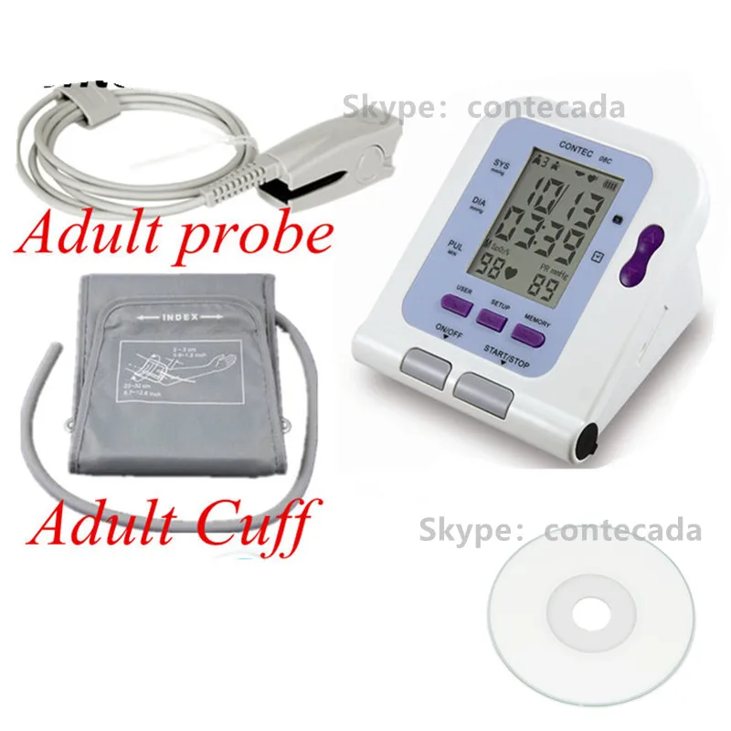 Цифровой крови Давление монитор USB программным обеспечением в комплекте CONTEC08C ВР монитор, Тензиометр взрослые манжеты + Spo2 зонд Contec08C