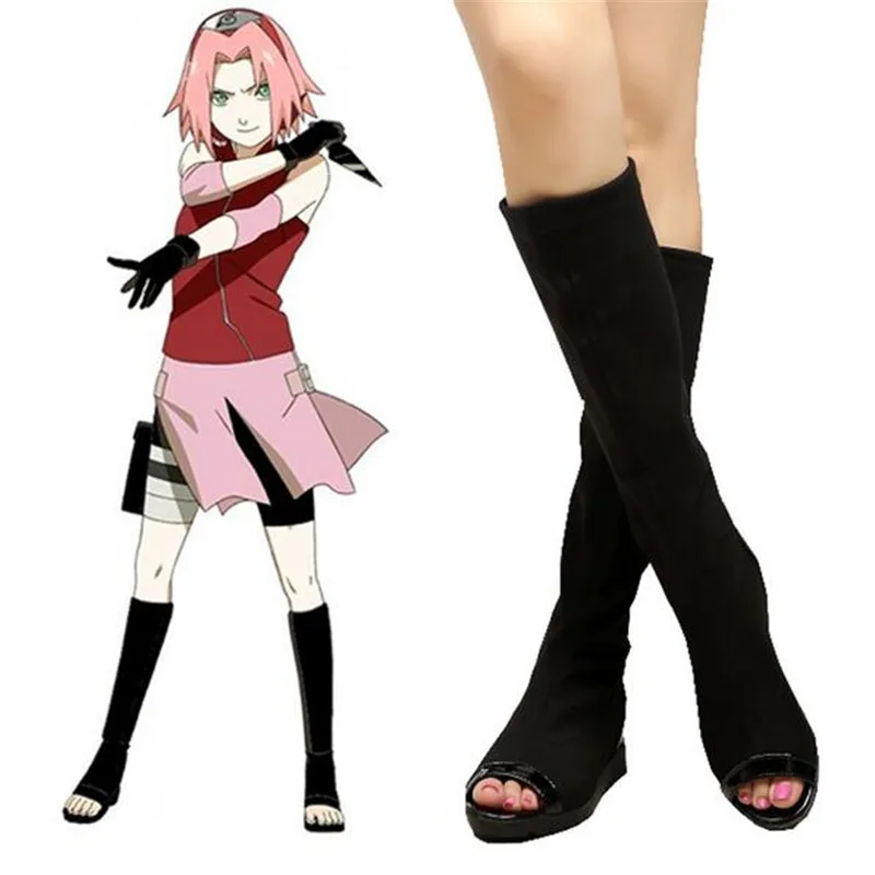 

Free Shipping Naruto Shippuden Haruno Sakura Cosplay Costume Black Ninja Boots Anime Shoes