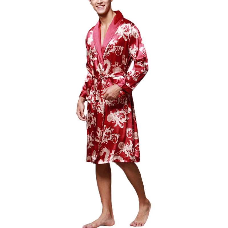 Кимоно халат мода мужской Халат шелковое пятно одежда с длинным рукавом Китайский Lucky Dragon печати пижамы Masculina