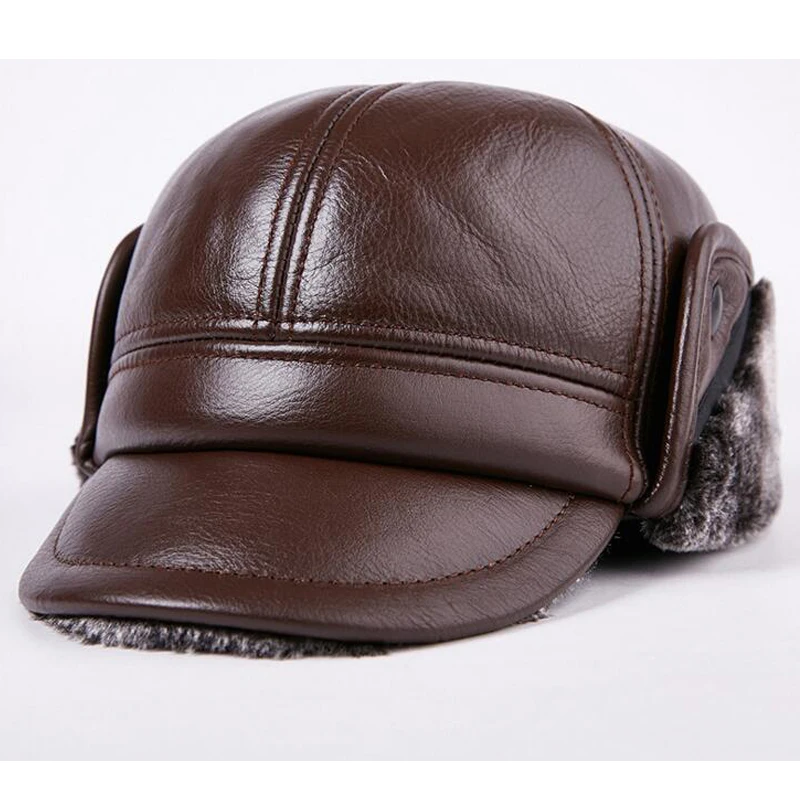 Men Genuine Leather Bomber Hats Men Winter Cowskin Warm Cap Male Ears