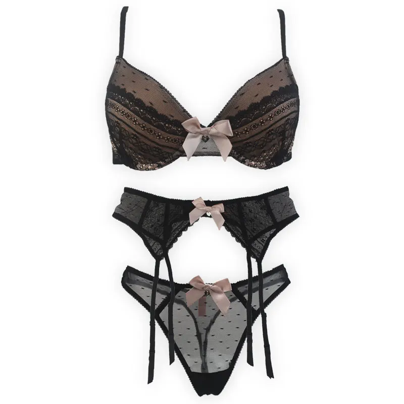 

New Black Lace Sexy Thin Bra Thone Garter Belt 3pcs Set for Female/Girl/Lady, Fashion High Quality Lingerie Women's Underwear