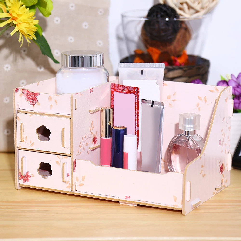 Modern Wooden Storage Box Makeup Organizer Case Container Handmade DIY Assembly Cosmetic Make Up