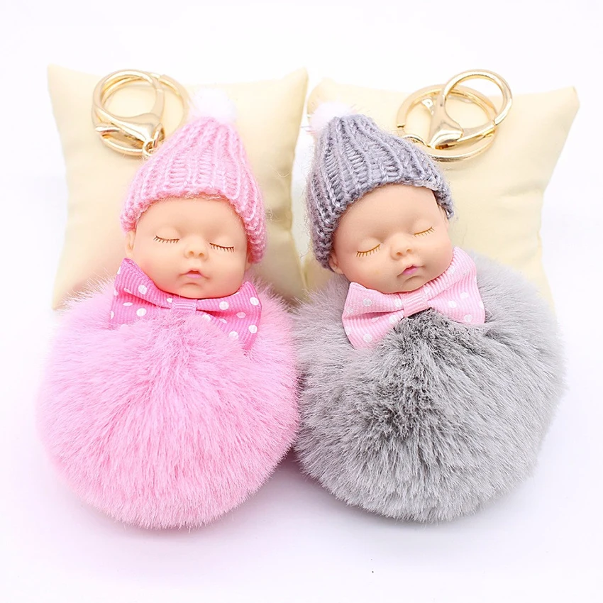 Sleeping font b Baby b font Doll Keychain Pompom Rabbit Fur Ball Key Chain Car Keyring