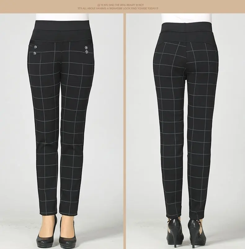 Woman Casual Pant Navy Blue Green Black Plaid Trousers Women Spring Autumn Winter Trouser High Waist Elastic Band Pantalonese Mujer  (18)