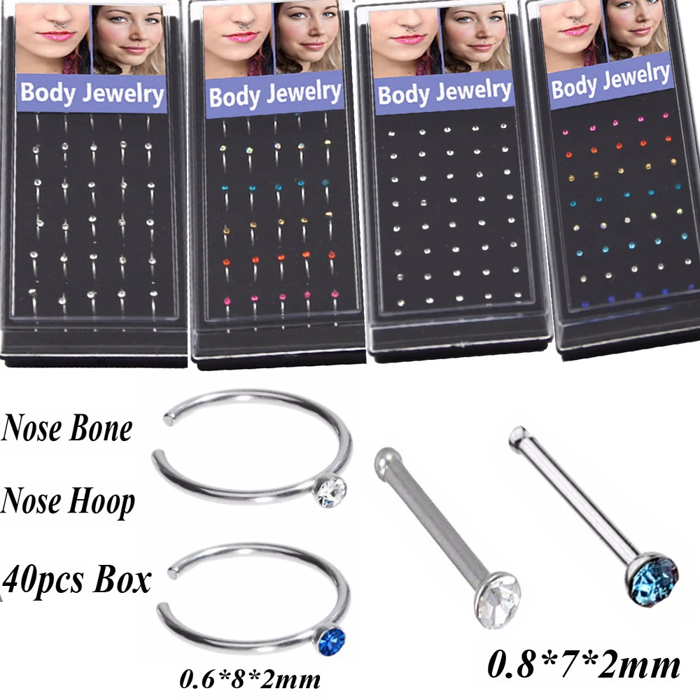 

40Pcs Surgical Steel CZ Gem Nose Bone Rings Piercing Nose Stud Retainer Body Jewelry Nose Hoop Ring 20g