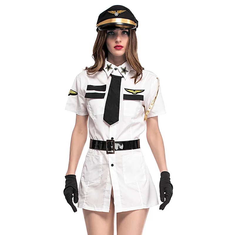 

Police Cop Cosplay Woman Sexy Aviator Airline Stewardess Shirt Dress Sexy Lingerie 5PCS Set Black White Halloween Cos Costumes