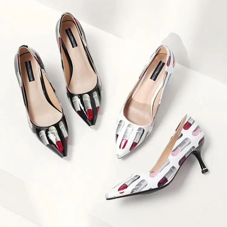 

Luxury Printing Lipstick Patent Leather High Heels Pumps Shoes Woman Pointed Toe Ladies Pumps Slip On Zapatos De Mujer Runway