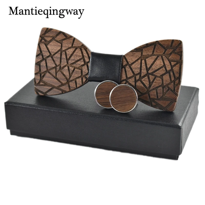 Comprar Conjunto de gemelos de corbatín de madera Mantieqingway para hombre, corbata de lazo de madera de marca, gemelos para novio de boda