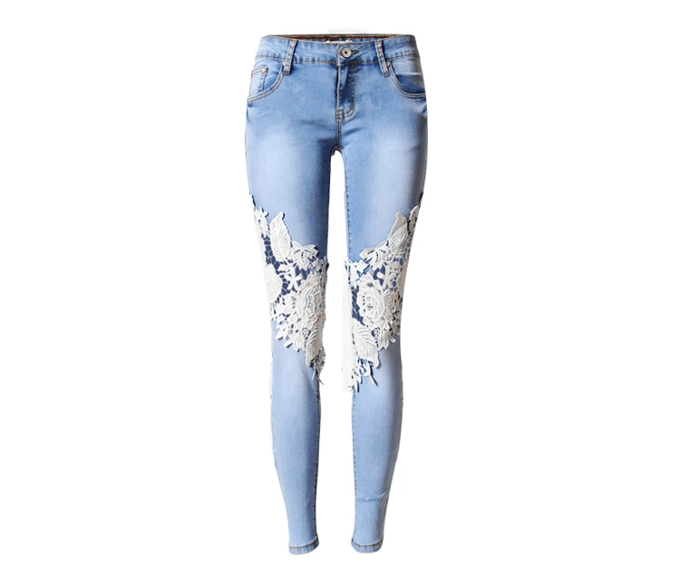 Женский джинсовый, синие джинсы с кружевом, популярные Стильные джинсы с низкой талией, полая кружевная вышивка, колготки, Эластичные Обтягивающие растягивающиеся джинсы-карандаш - Цвет: 1