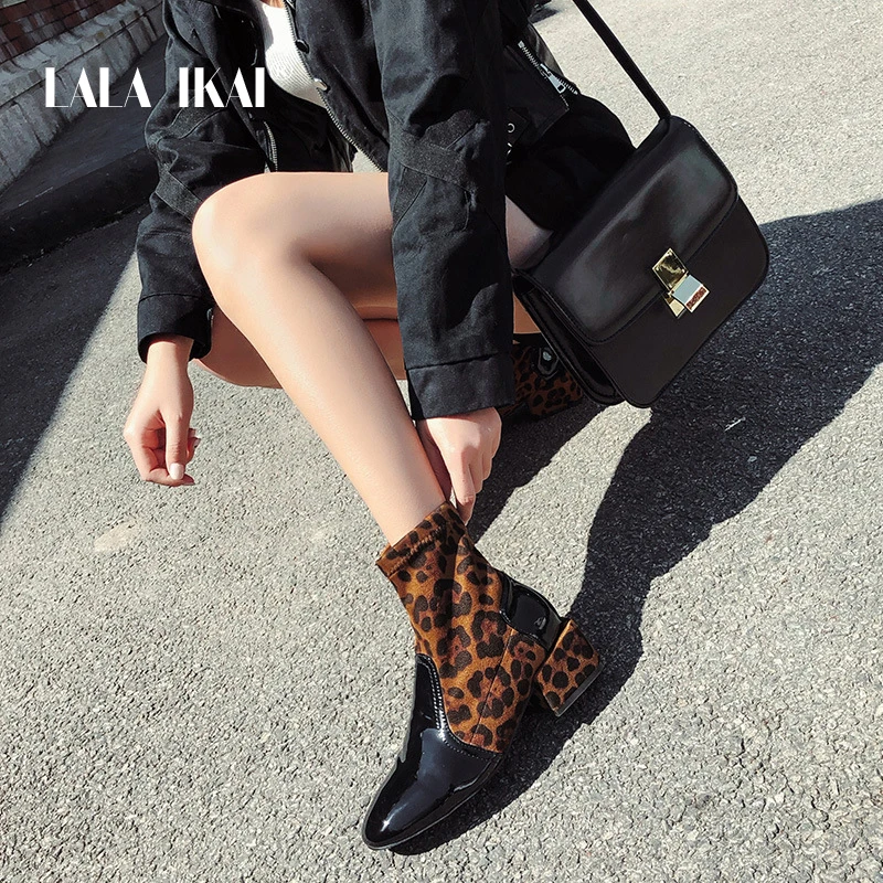 

LALA IKAI Women Winter Ankle Boots Square Toe Med Heels Slip-on Western Style Velvet Shoes Chelsea Boots Female 014C3325-4