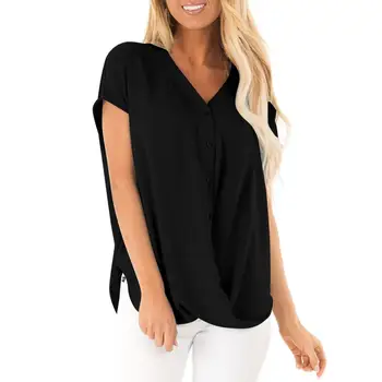 

Women T Shirt Summer Short Sleeve T Shirt Casual Loose V Neck Button Tops
