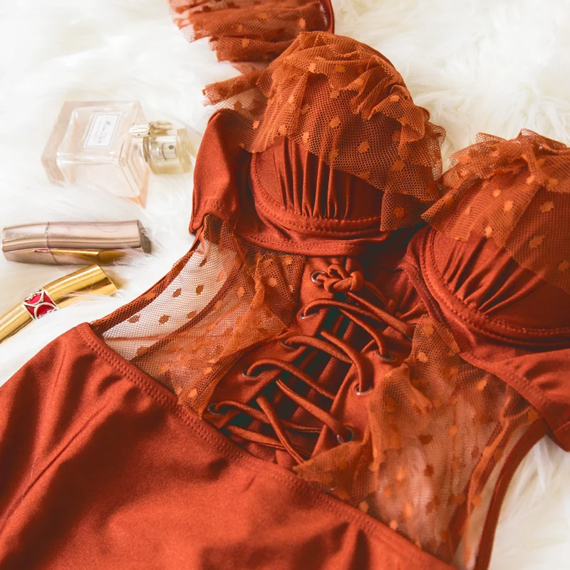 Swimwear push up womens one piece bathing suits Ruffled transparent Orange black Sexy Swimsuit Female Bather Bathing Suit Swim M