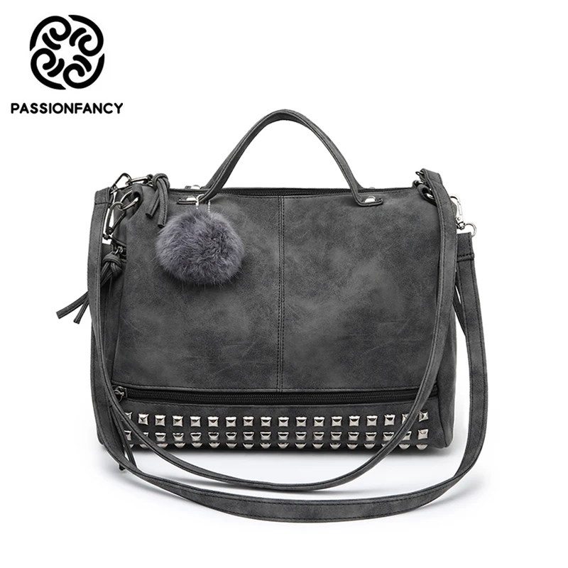 

New Fashion Female Shoulder Bag Nubuck Leather Women Handbag Fur Ball Rivet Motorcycle Messenger Crossbody Bags for women 2018