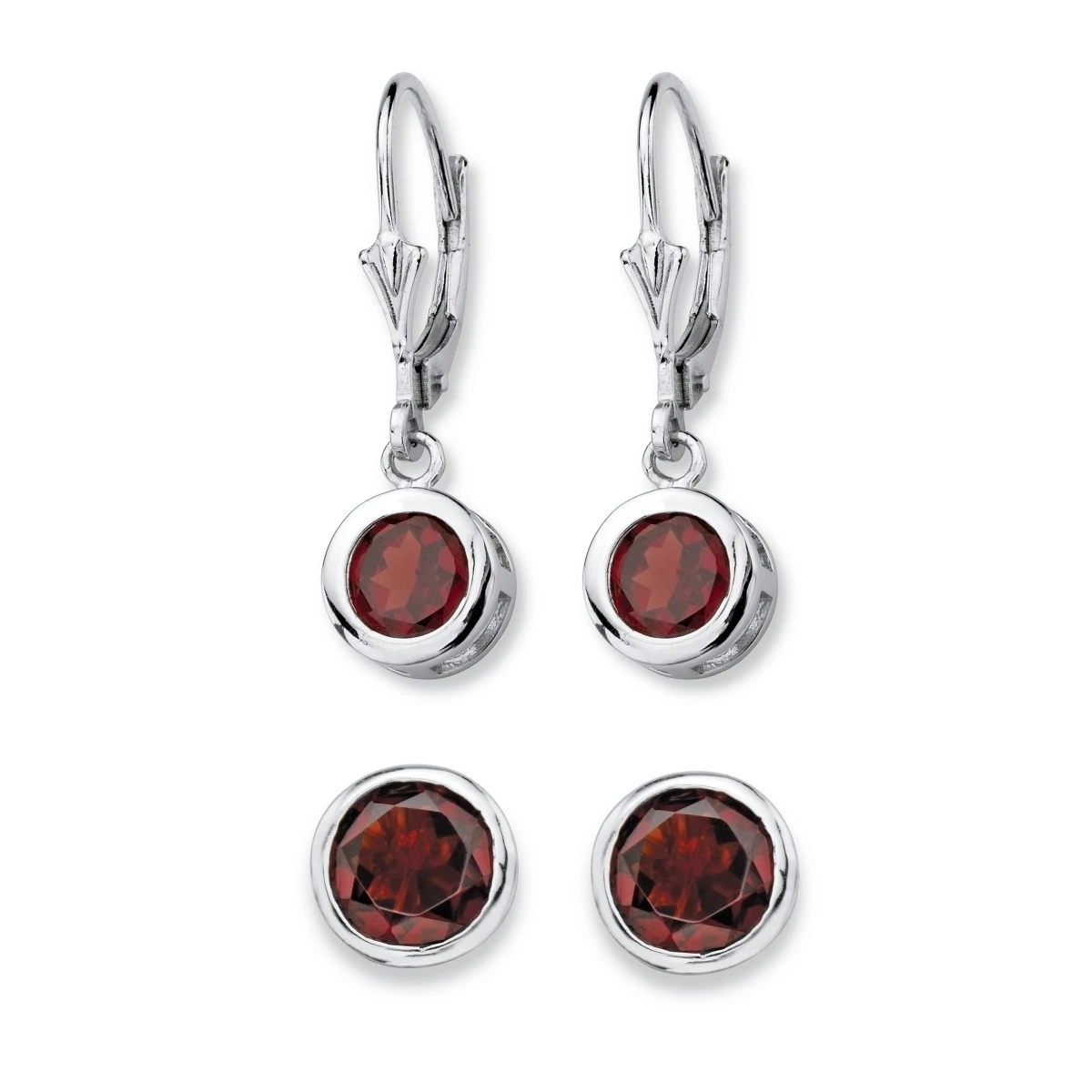 PalmBeach Jewelry 58738 2 Pair 4 TCW Round Genuine Red Garnet Stud & Drop in Sterling Silver Earrings