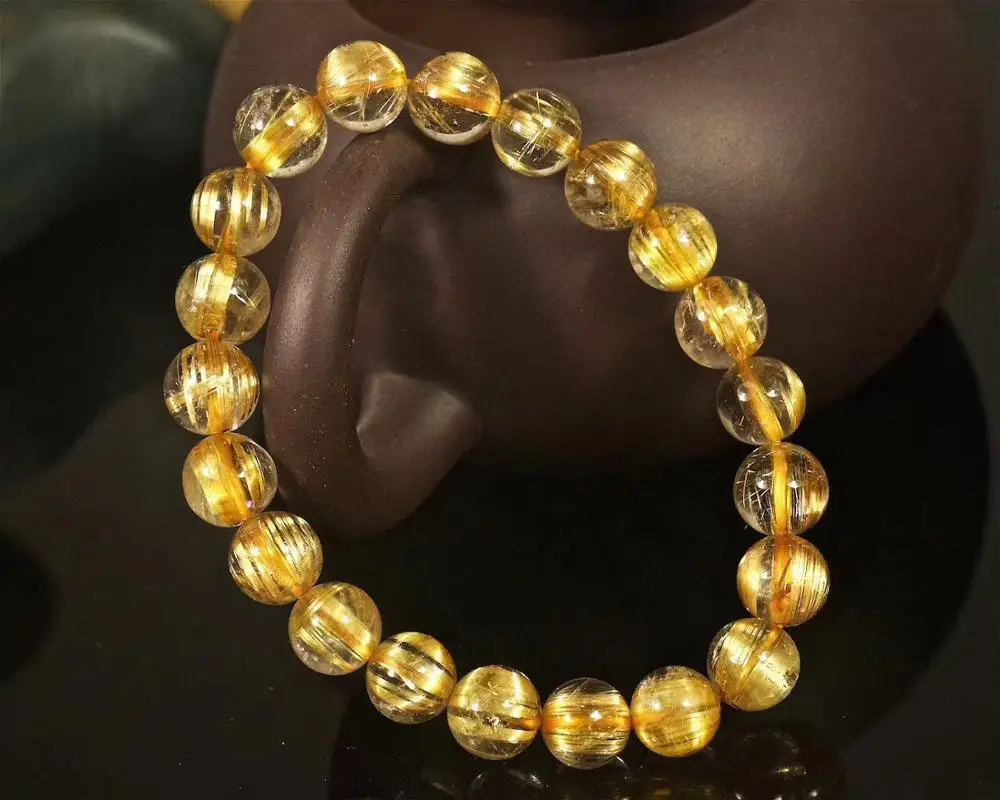 

Certificate Natural Gold Rutilated Titanium Quartz Round Beads Bracelet 8.8mm From Brazil Women Men Stretch Crystal AAAAA