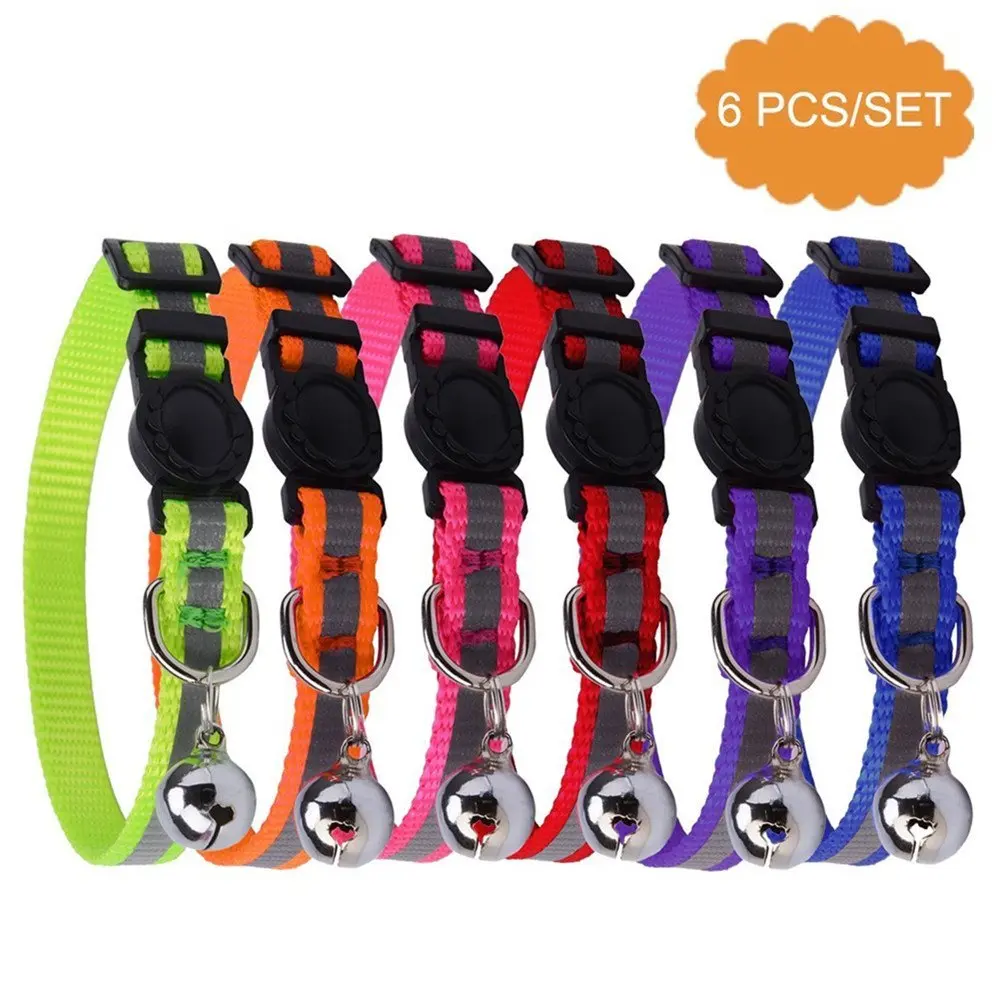 

6 pcs/ set Adjustable Breakaway Safety Belt Easy Release Buckle Nylon Reflective Cat Collar with Bell