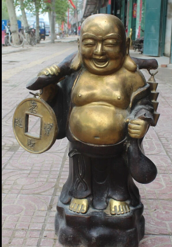 

$ $ 25" Chinese Bronze Gilt Wealth Money Bag Happy Laugh Maitreya Buddha Statue