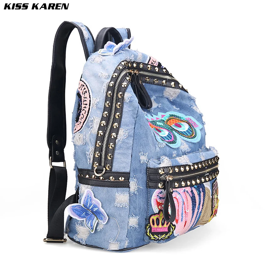 KISS KAREN Fashion Appliques Women Backpack Rivets Denim Backpacks Jeans Women s Backpacks Cowboy Bag Ladies