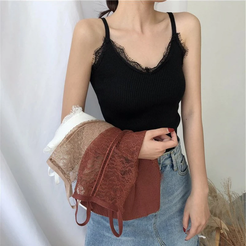

Spring and summer new style Women's Lace Knit Camisole Solid color V-neck bottoming vest