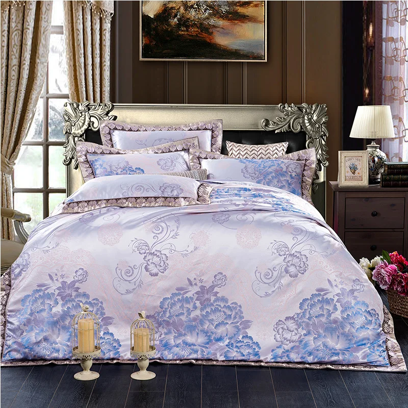 

2017 Gold Bed Set Jacquard Silk Home Textile Bedding Set Luxury 4PCS Satin Doona Duvet Cover Bedclothes Bed Linens King Queen
