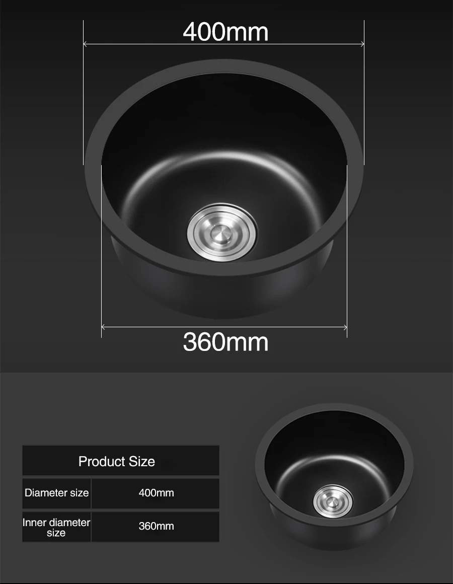 Круглая кухонная мойка нанометровая технология, черная 304 нержавеющая сталь, ручная круглая тарелка для раковины, однобарная стойка, кухонная раковина