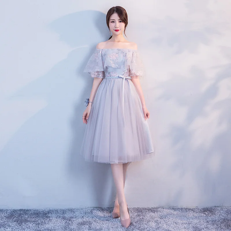 

Summer Women Chiffon A-Line Dress Gray Elegant Floral Bridesmaid Wedding Party Dresses Noble Lady Off Shoulder Evening Gowns