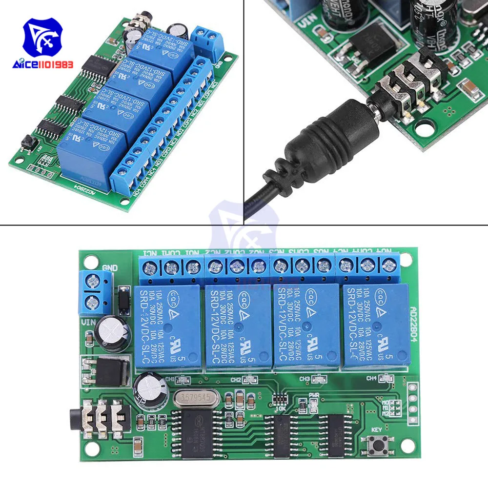 AD22B04 4-Канальный Релейный MT8870 DTMF тон декодер сигналов дистанционного Управление триггерный релейный модуль, работающего на постоянном токе 12 В для PLC умного дома с 3,5 мм кабель