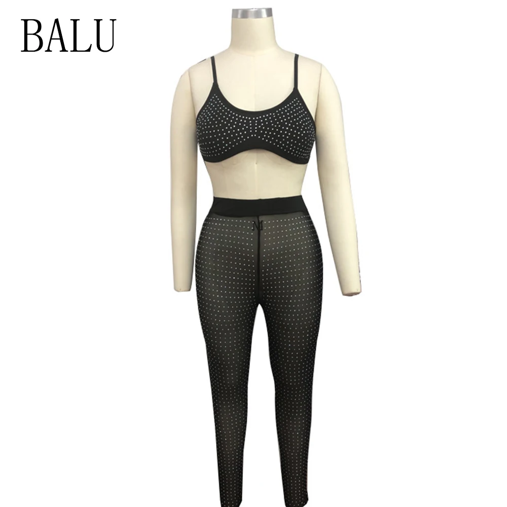 BALU 2 Piece Set Spaghetti Strap Mesh Rompers Womens Jumpsuit Sexy Rhinestone See Trough Sleeveless Backless Overalls