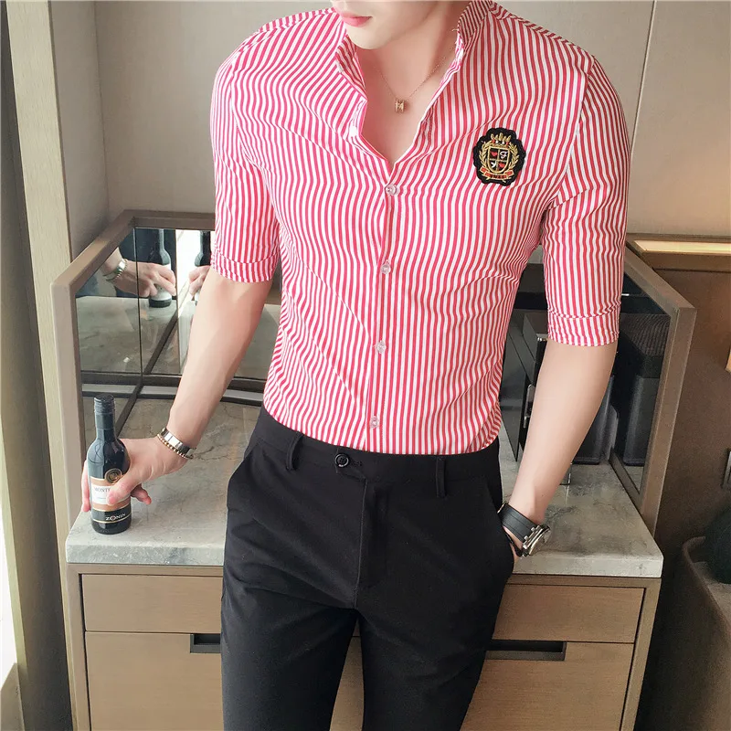 

Stripe Shirt Men 2018 Half Sleeve Slim Fit Men Summer Shirts Chemise Homme Manche Court Camisetas Masculina Camicia Uomo