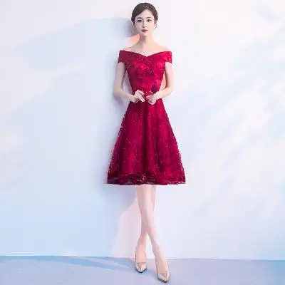 Свадебное новое официальное вечернее платье с открытыми плечами длиной до колена - Цвет: red04