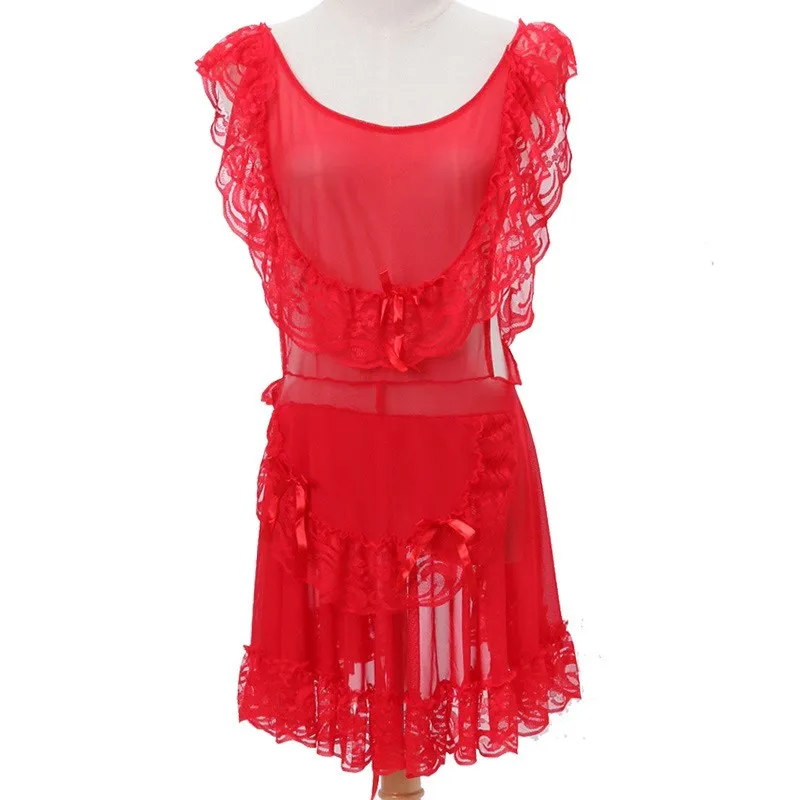 Женская сексуальная ночная рубашка, Женская Прозрачная Кружевная Пижама, Летняя Открытая сетчатая ночная рубашка, сексуальная ночная рубашка с открытой спиной - Цвет: Красный