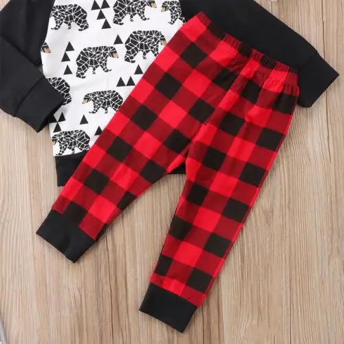 Комплект рождественской одежды из 2 предметов для маленьких мальчиков, толстовка с рисунком топ с капюшоном+ штаны в клетку, комплект одежды