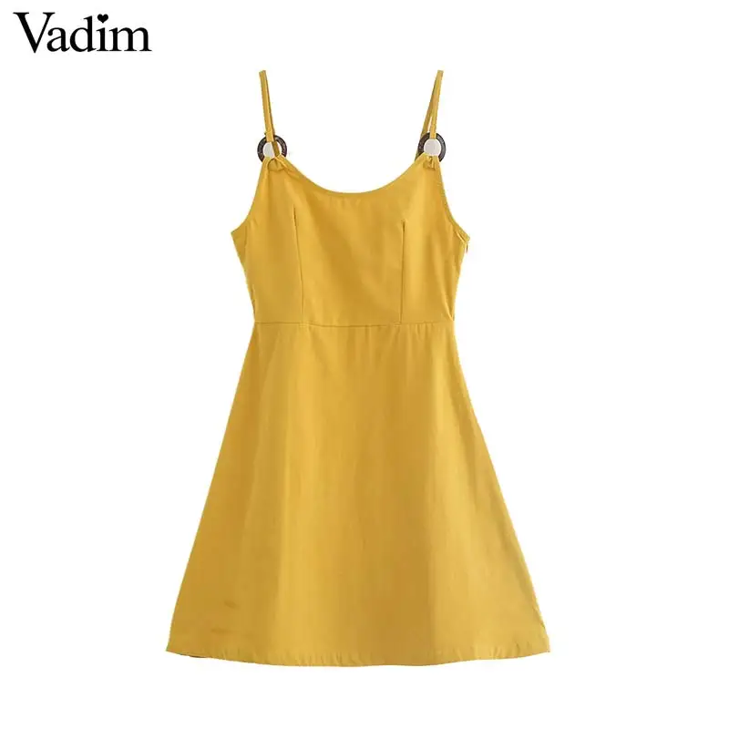 

Vadim women sweet yellow mini dress sleeveless spaghetti straps female casual summer dresses solid A line vestidos QC447